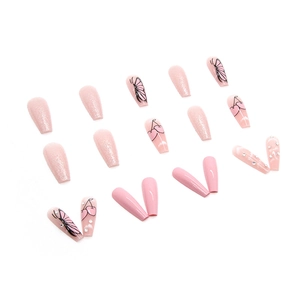 Pink coffin press-on nails set with glitter gradient, cherry designs and 3D rhinestones