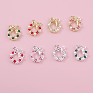 Christmas Wreath Nail Art Decoration Alloy Bowknot Rhinestone Artificial Pearl Charms Festive Manicure DIY Jewelry Accessory
