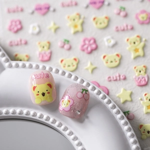 Cute pink 5D nail art stickers with cartoon bears, flowers, and cherry patterns