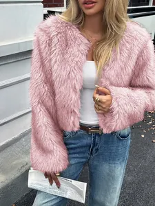 Women Faux Fur Coat Long Sleeve Solid Color Plush Jacket Open Front Short Elegant Casual Outerwear