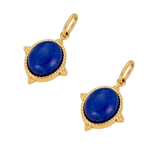 Macro detail of gold vintage earrings featuring oval blue gemstones and beaded metal edges