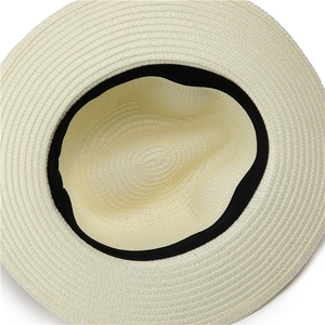 Close-up of high-quality straw weave texture and black inner sweatband of a Panama sun hat