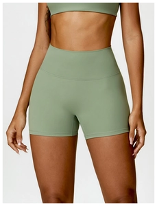 Vue détaillée du short de fitness taille haute avec coutures plates et tissu élastique mat