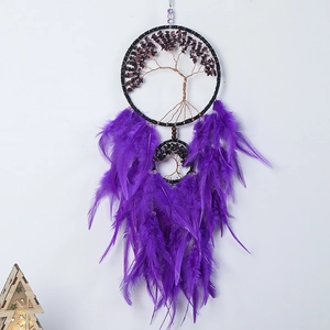 Handmade purple Tree of Life dream catcher with natural feathers for wall decoration
