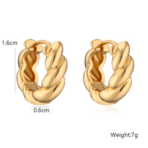 Detail view of gold-plated twisted hoop earrings with size and weight measurement specs
