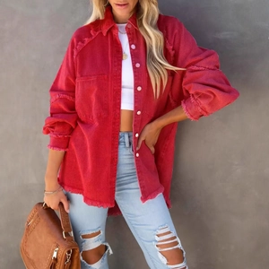 Women's casual distressed red denim jacket with frayed tassels and loose fit style