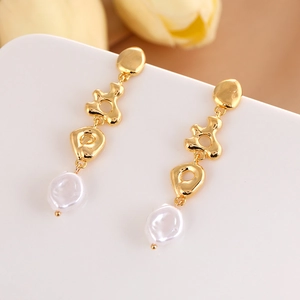 Baroque pearl drop earrings with irregular vintage gold water ripple geometric design