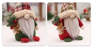 Detail of Nordic Christmas gnomes with plaid hats and pine cone bouquets in a snowy setting