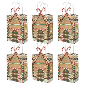 Detail of six gingerbread house Christmas gift bags with festive patterns and white handles