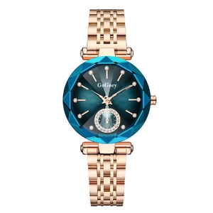 Luxury rose gold steel watch with dark green faceted glass dial and diamond markers