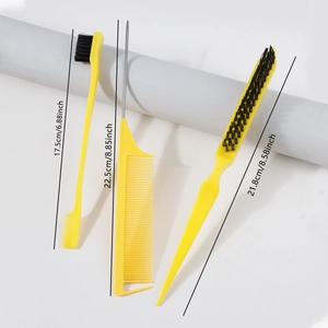 Hair styling tool set including teasing brush and rat tail comb with size measurements