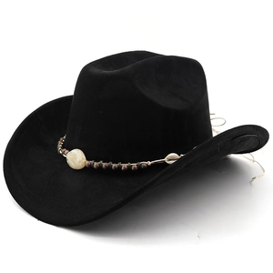 Detail of black felt fedora with ethnic style beadwork and faux amber gemstone accent