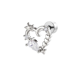 Thorn hollow heart stud earring with moon star detail and teardrop zircon in silver