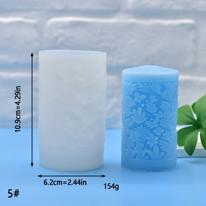 Detail view of floral silicone candle mold with 10.9cm height and 6.2cm diameter dimensions
