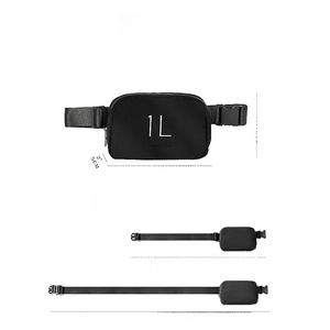Detailed sizing chart for water-resistant nylon belt bag with 1L volume and adjustable strap