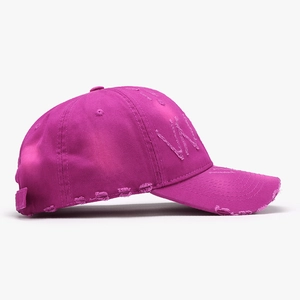 Distressed rose red cotton baseball cap with vintage frayed brim and embroidery
