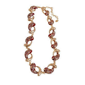 Vintage gold and red enamel water drop necklace with sparkling zircon accents and adjustable chain