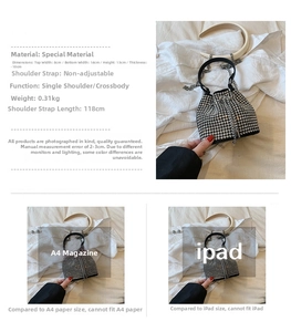 Detailed dimensions of sparkling mini bucket bag with crystal accents and strap info