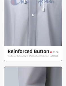 Detail of durable grey EVA raincoat featuring reinforced snap buttons and drawstring hood