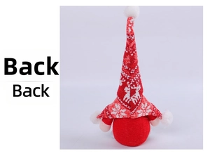 Back view of a red Christmas gnome plush featuring white reindeer knit pattern details