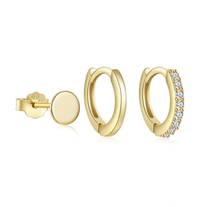 Close-up of gold S925 silver earring set with geometric stud and zircon hoop details
