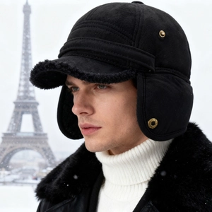 Men winter black trapper hat with warm faux fur lining and ear flaps for cold weather