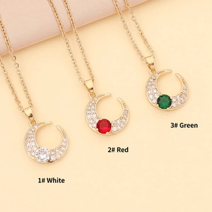 Chic gold-tone crescent moon necklaces with colorful zircon stones in white red and green
