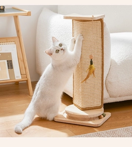 Vertical sisal cat scratching post with wooden base and interactive track ball toy
