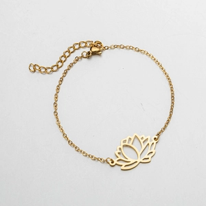 Detailed close-up of a golden stainless steel lotus flower pendant bracelet with an extender
