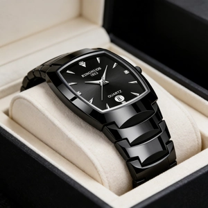 Detail view of KINGNUOS black square quartz watch with date display and luminous hands