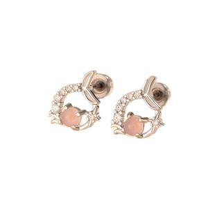 Elegant fishtail stud earrings with pink gemstone and zircon flower design for women