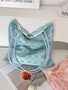 French style quilted tote bag with bow embroidery in light blue and pink pastel colors