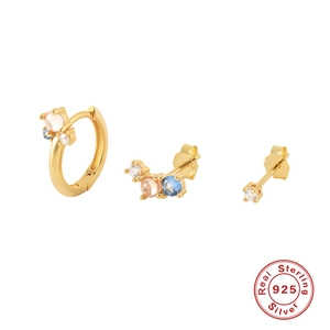 Detail of S925 sterling silver earring set featuring colorful gems and certification stamp