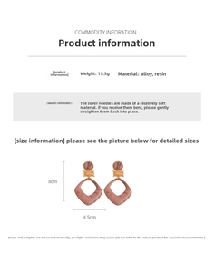 Detail view of resin diamond earrings with dimensions 8cm by 4.5cm and weight specifications