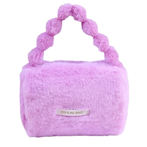 Plush purple large capacity cosmetic bag with soft ball handle and metal brand logo