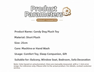 Specifications of candy-colored plush dog toy made of short plush material and 25CM size