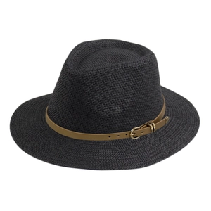 Classic charcoal grey straw Panama hat with a brown leather band and gold buckle detail