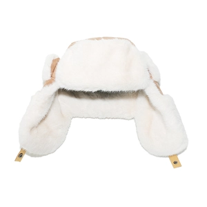 Close-up of winter trapper hat with faux rabbit fur lining and adjustable metal buckle