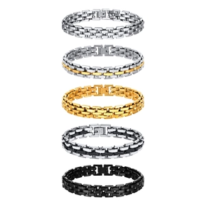 Five assorted colors of stainless steel watchband link bracelets for men on white background
