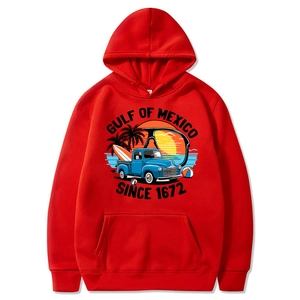 Red Gulf of Mexico 1672 beach hoodie with vintage truck and coconut tree graphic print