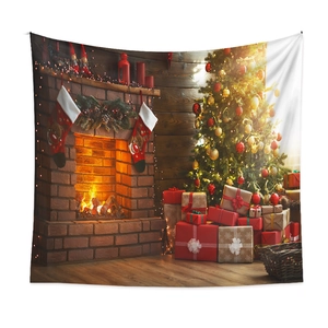 Detail view of Christmas tapestry showing a warm fireplace and decorated tree scene