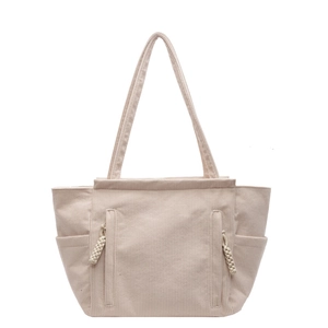 Grande borsa tote beige in velluto a coste da donna con tasche verticali con zip e spallacci