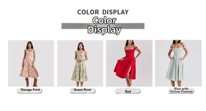 Floral slit dress color options including orange, green, red, and blue floral patterns