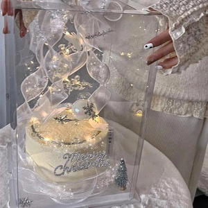 Christmas acrylic box Christmas tree cake decoration set with fairy lights and ribbon.