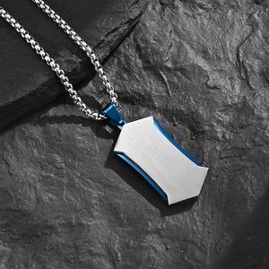 Two-tone silver and blue brushed stainless steel double-layer dog tag pendant necklace