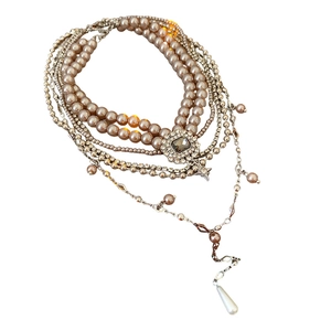 Retro multi-layer necklace with bronze pearls, silver chains, and drop pendants