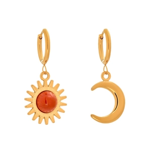 Elegant gold celestial earrings with sun and moon pendants featuring red bead centers