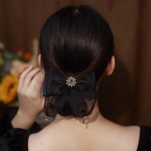 Elegant black organza oversized bow hair tie with rhinestone flower for ponytail styling