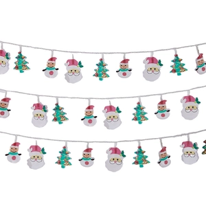 Christmas LED string lights with Santa Claus, snowman, and tree shapes on white background