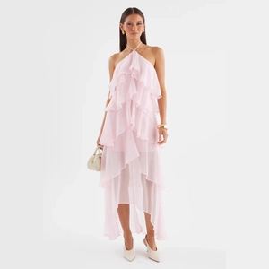 Pink chiffon halter neck maxi dress with ruffled layers for French summer vacation style